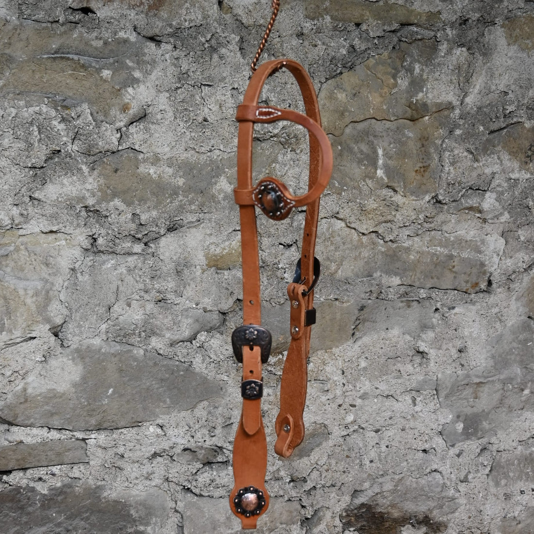 Headstall with Copper Berry Concho view of headstall