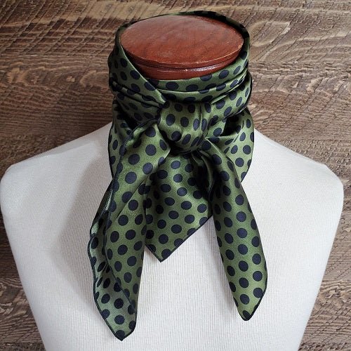 Cowboy Images Charmeuse 3/8&quot; Black Dot on Olive view of wild rag tied