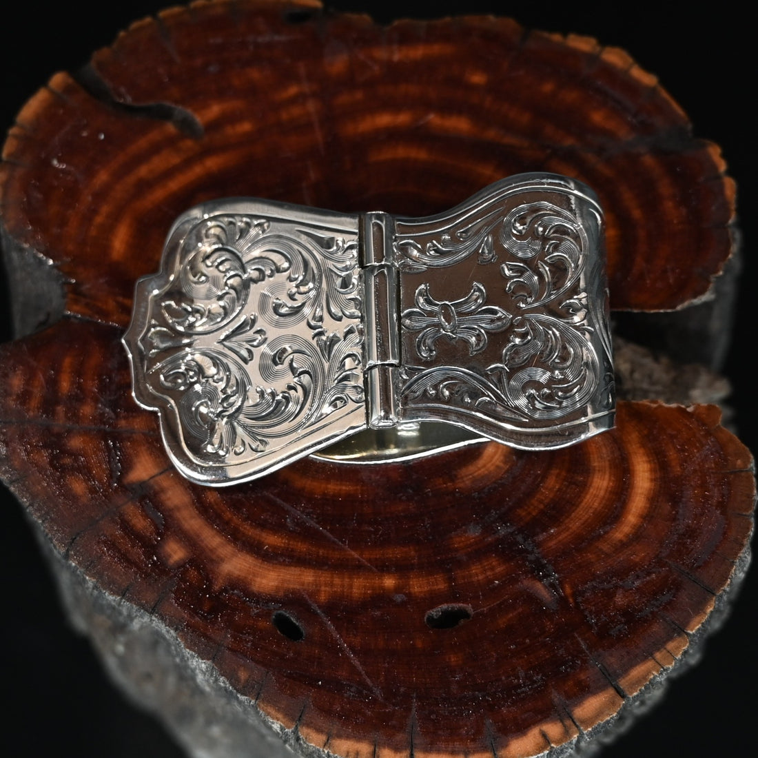 Vogt Silversmiths Vaquero sterling silver money clip with hand-engraved floral scrollwork and scalloped edges