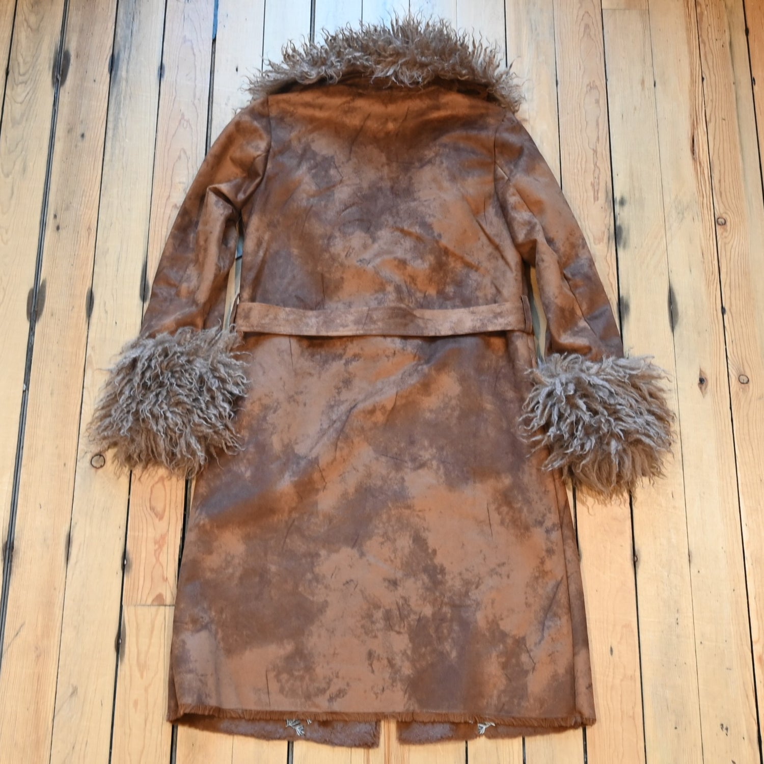 Tasha Polizzi Arlie Jacket in cinnamon faux suede with floral embroidery, faux shearling lining, and removable faux fur trim on sleeves and collar