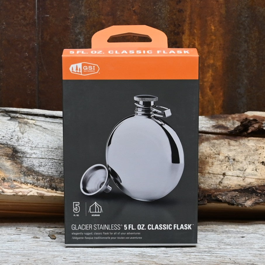 GSI Outdoors Classic Flask 5 oz stainless steel hip flask with hinged cap and refill funnel