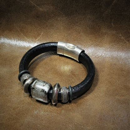 Hand Made Black Leather Bracelet in Crackle Grey W/Black Ceramic and Silver Plated Beads view of clasp