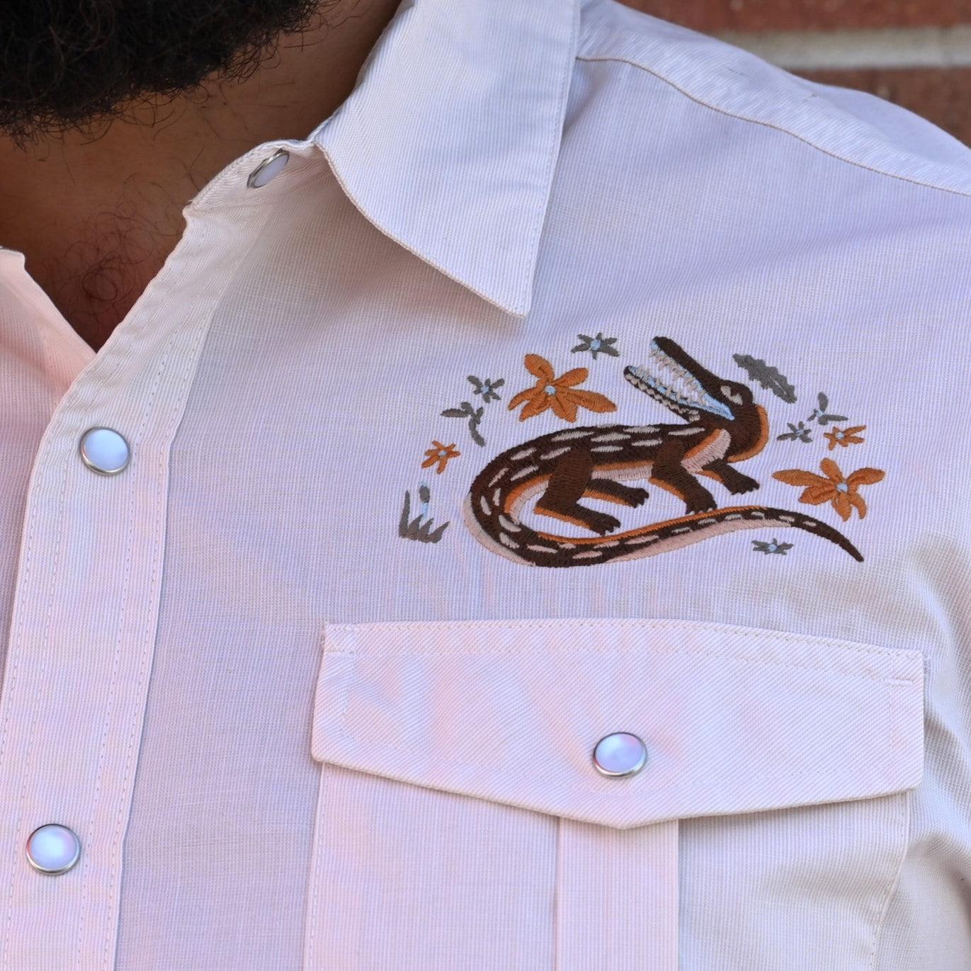 Guacho Snapshirt-Lazy Gators: Wheat Microstripe view of detail