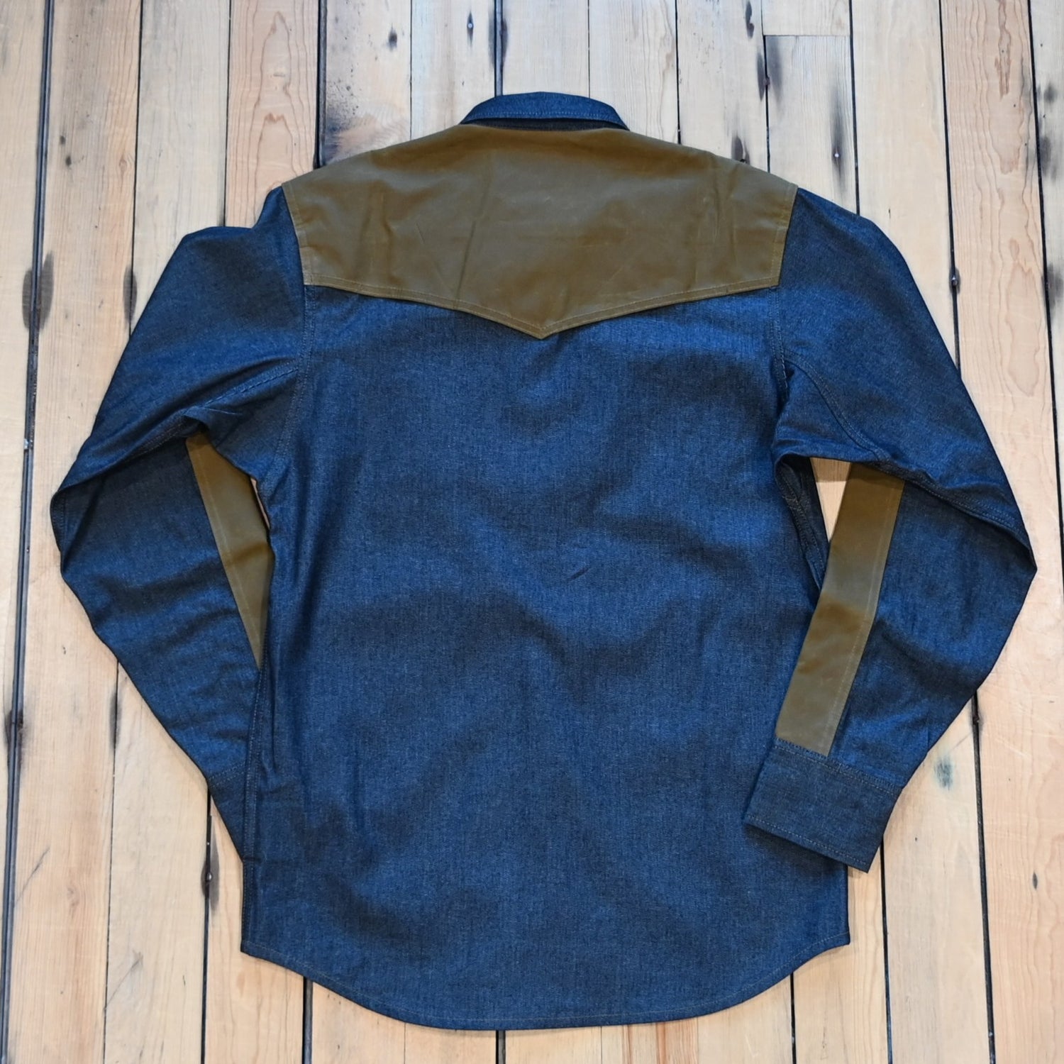 Filson × Wrangler Two-Tone Adventure Shirt in indigo and tan with contrast canvas overlays
