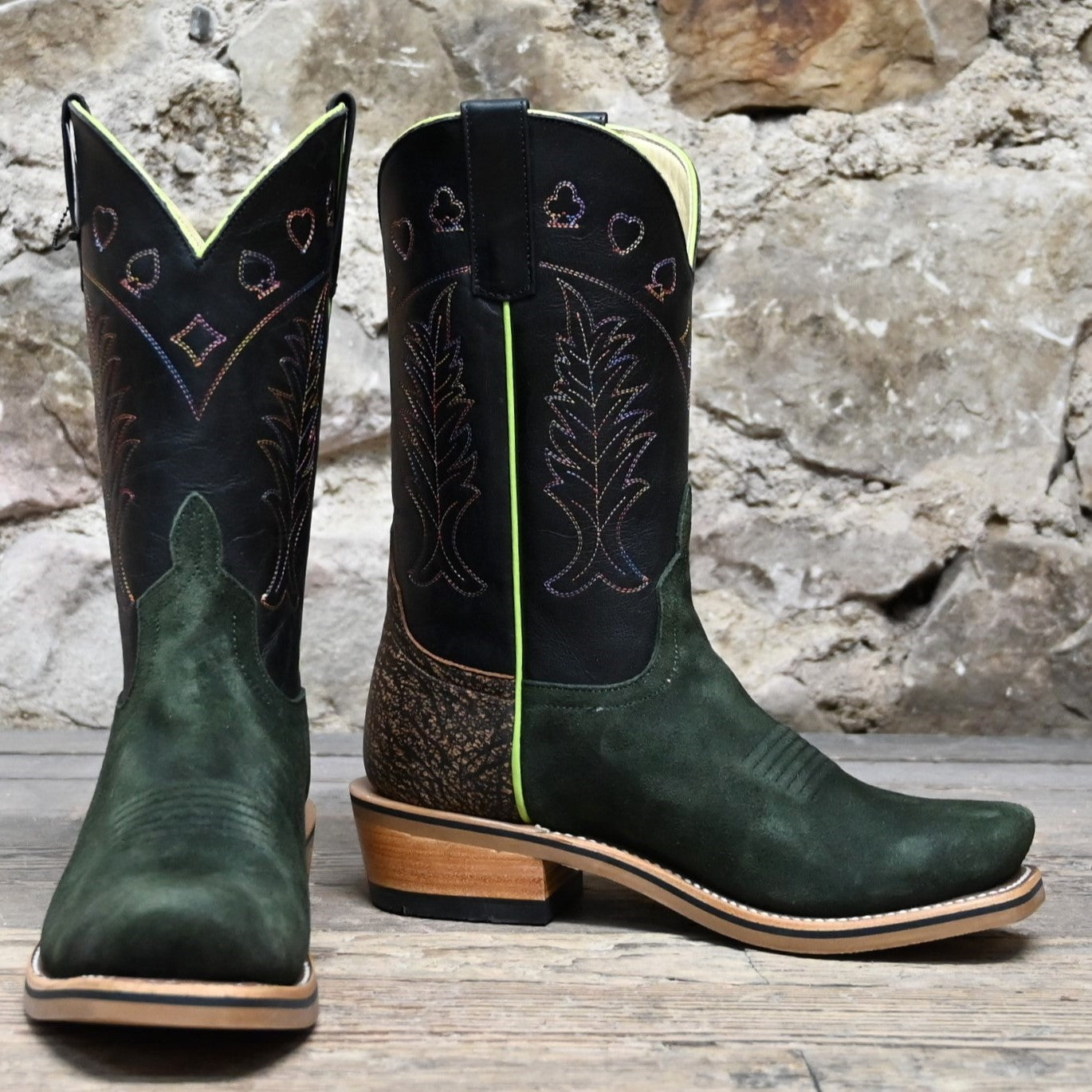 Horse Power 11&quot; High Noon Emerald Vamp with Bison tan and Black top view of front and side