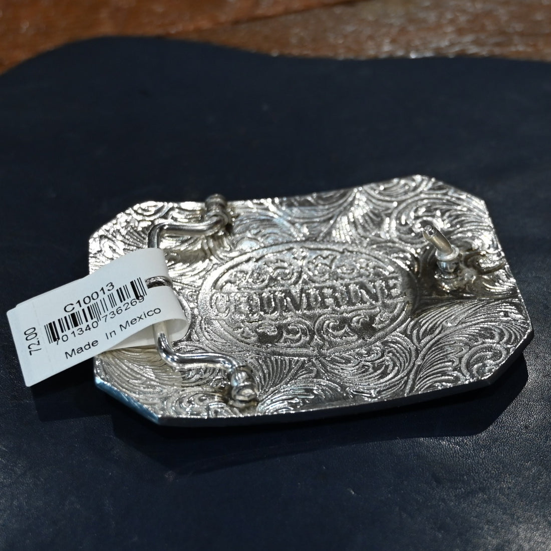 Crumrine rectangle floral bull rider belt buckle with engraved detailing, 7/8&quot; x 3&quot;