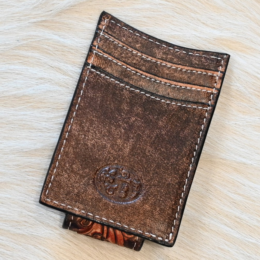 View of Back of Hand Tooled Scroll Money Clip with Card Inserts.