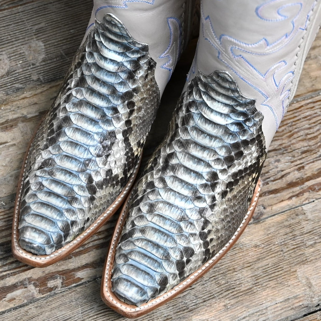 View of Stallion Ladies 14" Gallegos boot with painted blue python, cream calf top, and snip toe