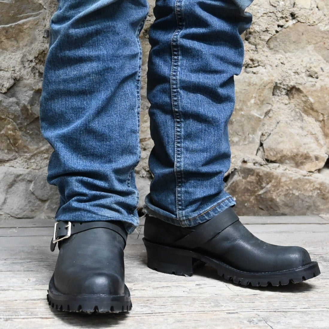 Nicks 12&quot; Leather &quot;Renegade&quot; Motorcycle Boot In Black view of front and side of boot on model size 10.5