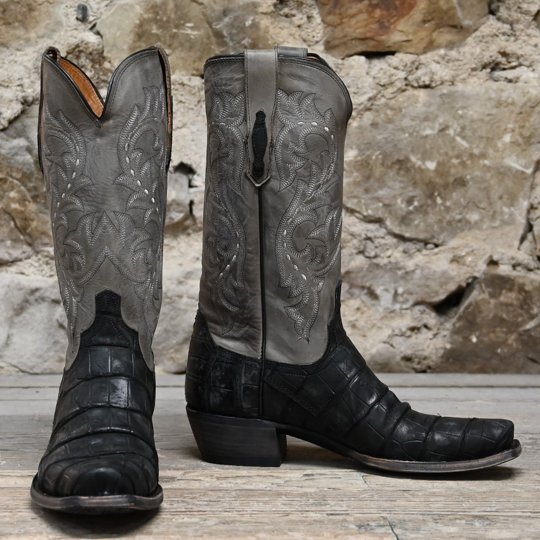 Lucchese men’s 13-inch boot in black giant American alligator leather with distressed finish and square toe