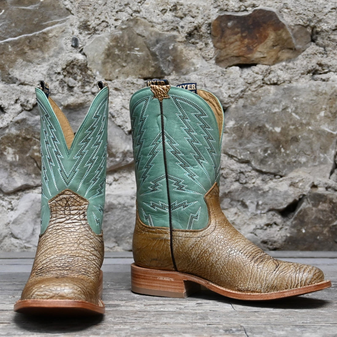 View of Hyer HAZELTON 11" boots showcasing tan bullhide leather vamp and mint vintage goat upper with broad square toe and Stockman block heel