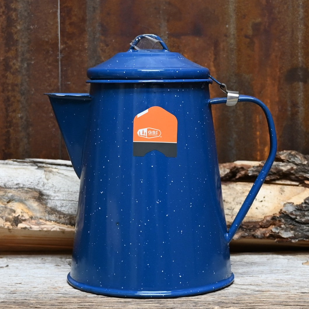 GSI blue speckled enamelware coffee pot, non-percolator style, camping kettle