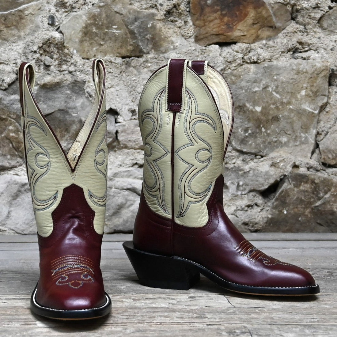 Hondo BRONC BOOT 11&quot; Bone Top with Burgundy Soft Premium Cow Vamp view of front and side