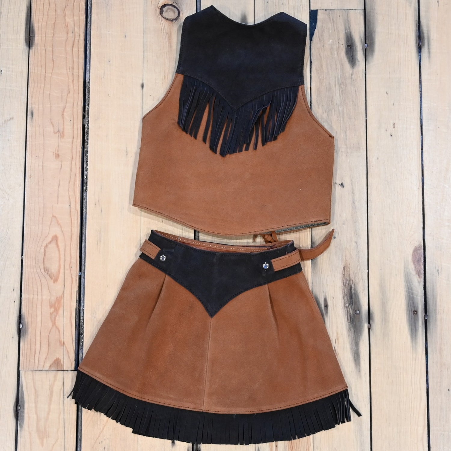 Southbay brown tan girls leather skirt and vest set genuine leather youth Western outfit