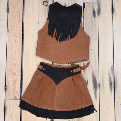 Southbay brown tan girls leather skirt and vest set genuine leather youth Western outfit