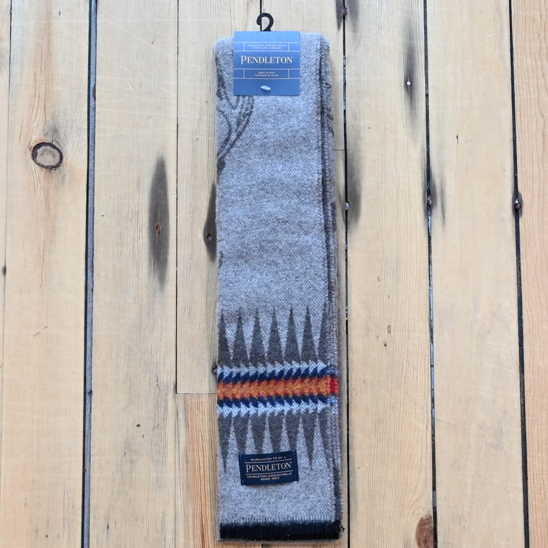 Pendleton jacquard wool scarf in Sawtooth Buck pattern with fringe.