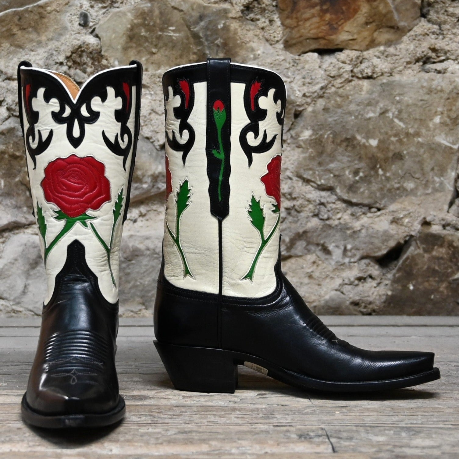 Ladies 13&quot;Calf Goat Leather Boot In Black and Wheat W/Rose Inlay and Vintage Collar view of front and side