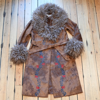 Tasha Polizzi Arlie Jacket in cinnamon faux suede with floral embroidery, faux shearling lining, and removable faux fur trim on sleeves and collar
