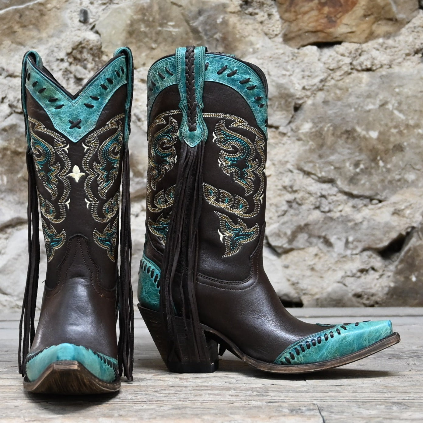 Ladies 11&quot; Leather Boots In Chocolate W/Powder Blue Toe Cap and Collar W/Buckstich and Tassel view of front and side