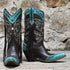 Ladies 11" Leather Boots In Chocolate W/Powder Blue Toe Cap and Collar W/Buckstich and Tassel view of front and side