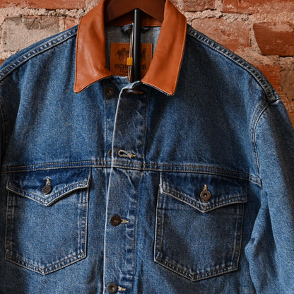 Schaefer Legend medium indigo denim jacket with leather collar and Western yoke