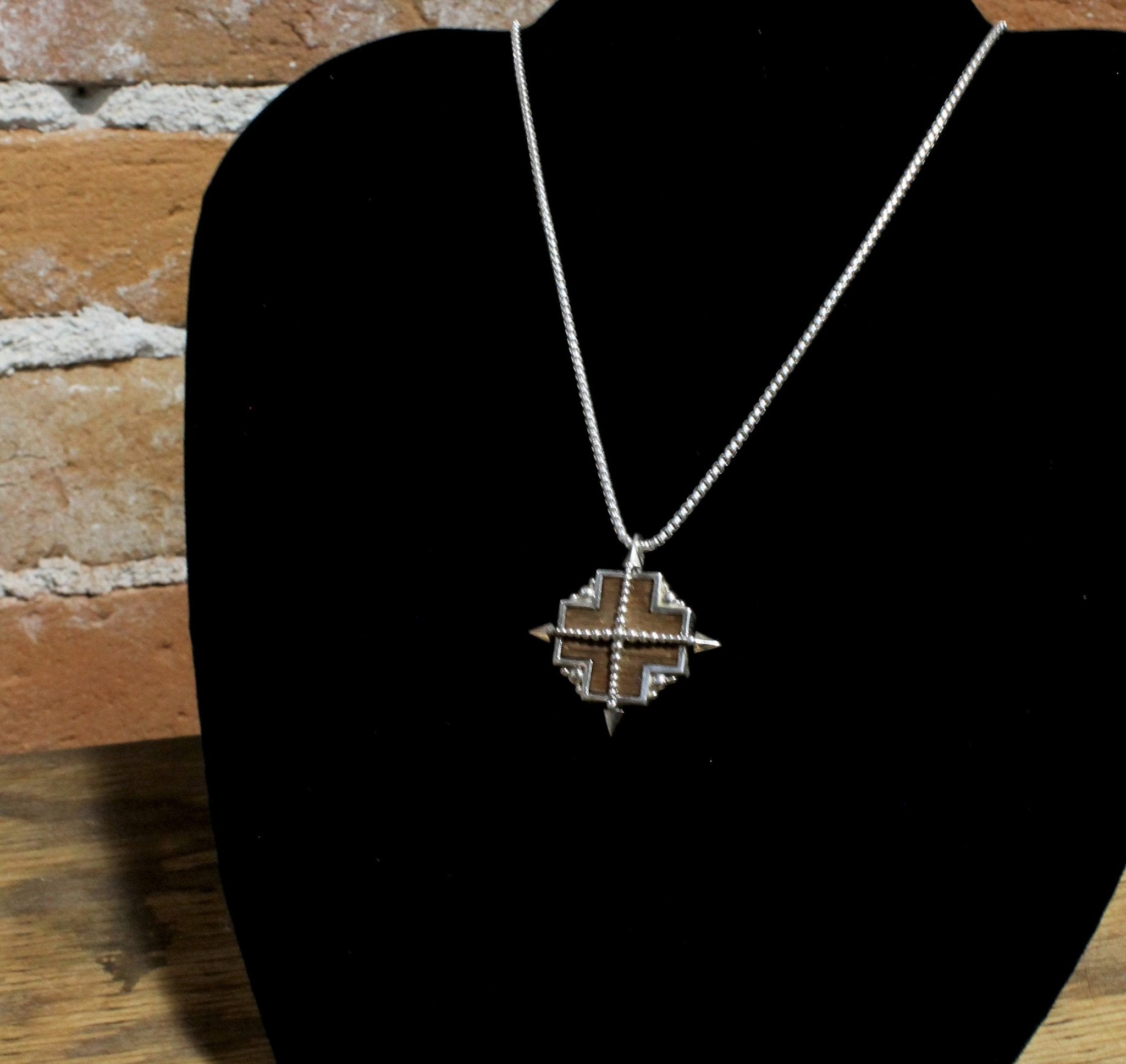 Medium True North Pendant-  Sterling with Inlaid American Walnut Chain