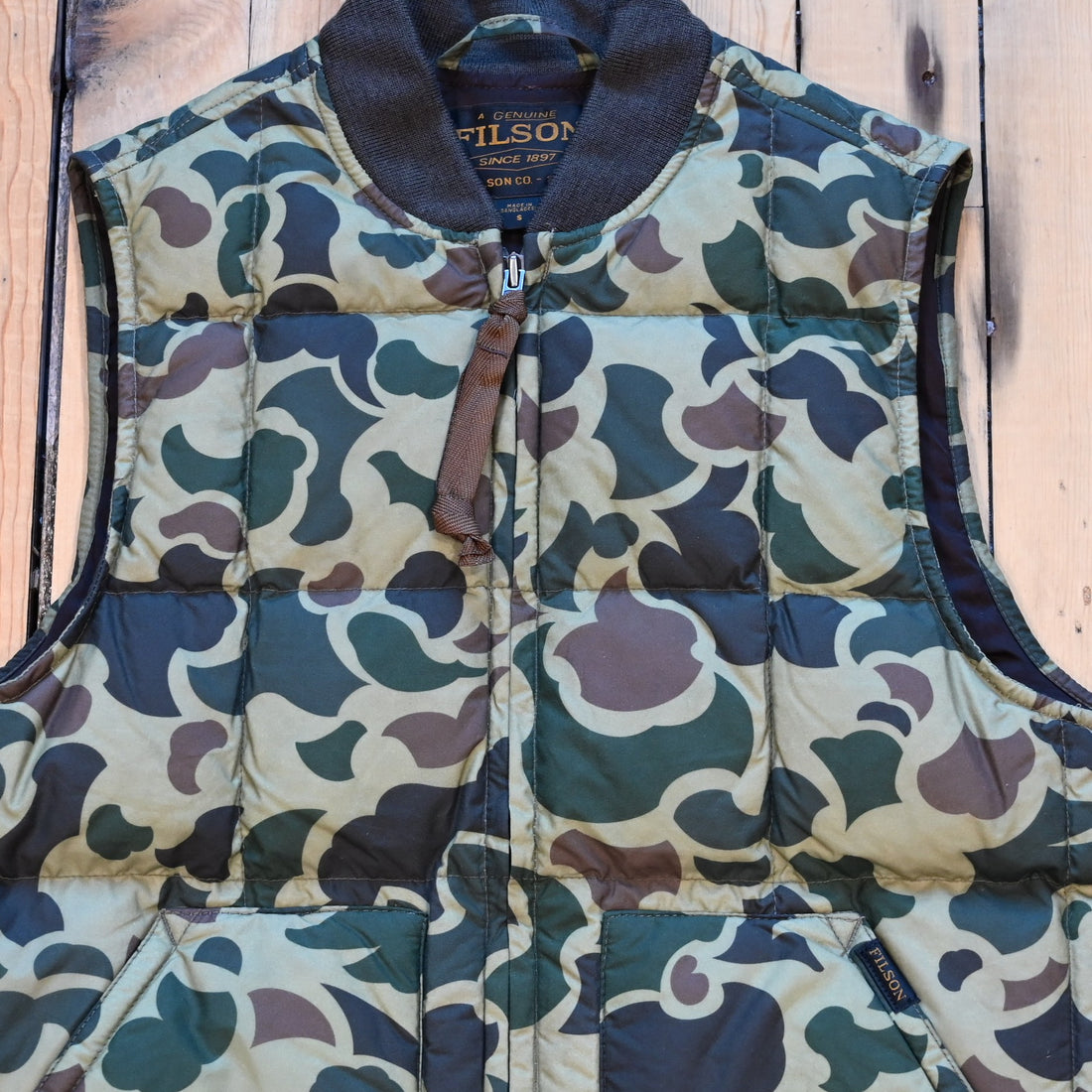 Filson Waxed Down Vest Tundra Shrub Camo — camo print, waxed cotton shell, down fill