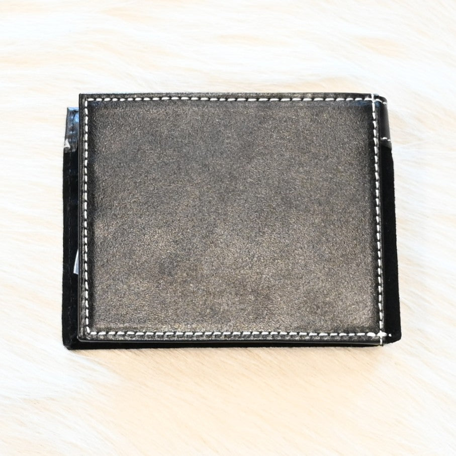 View of Back of Black Rough Out Bi Fold Wallet with Buck Stitching.