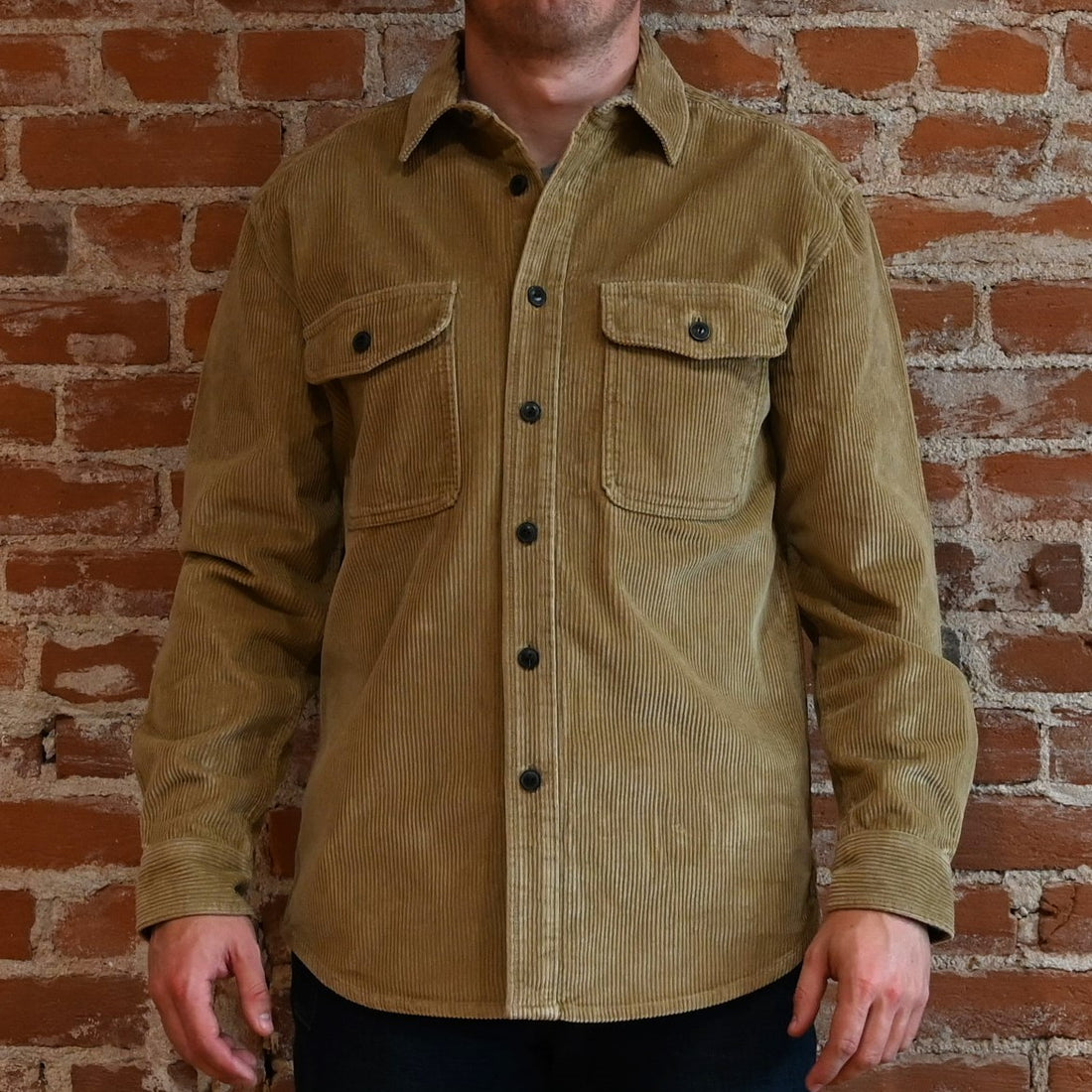 View of Pendleton men’s khaki corduroy overshirt with chest pockets and chamois trim