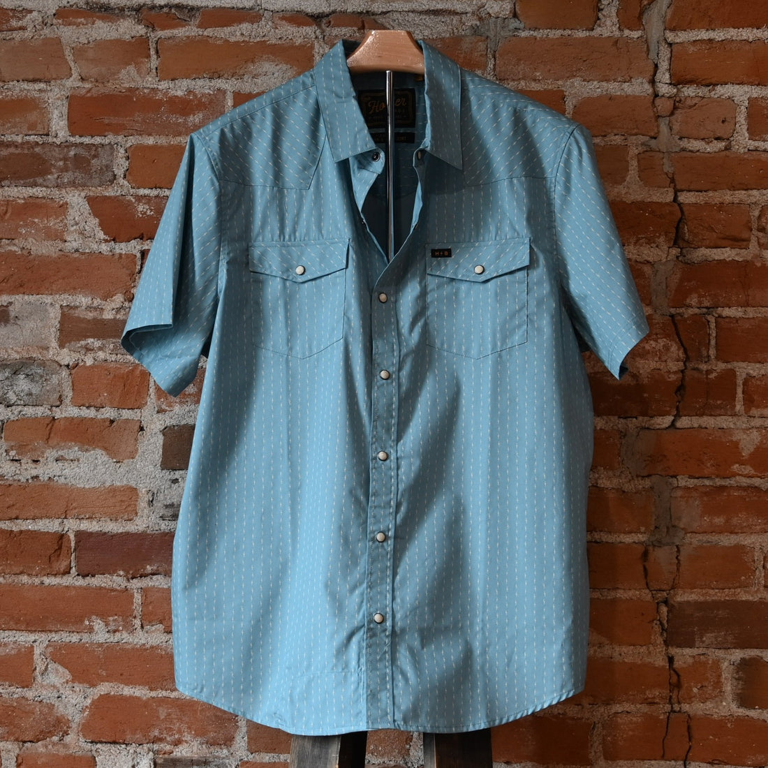 Howler Bros H Bar B Snapshirt in Power Lines Smoke Blue with pearl snaps and Western yoke detailing