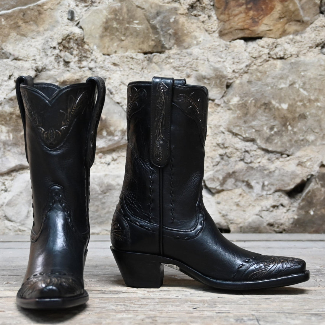 View of Stallion Ladies 10" Black Ranch Hand Boot with tooled top, whipstitch, and buck lacing