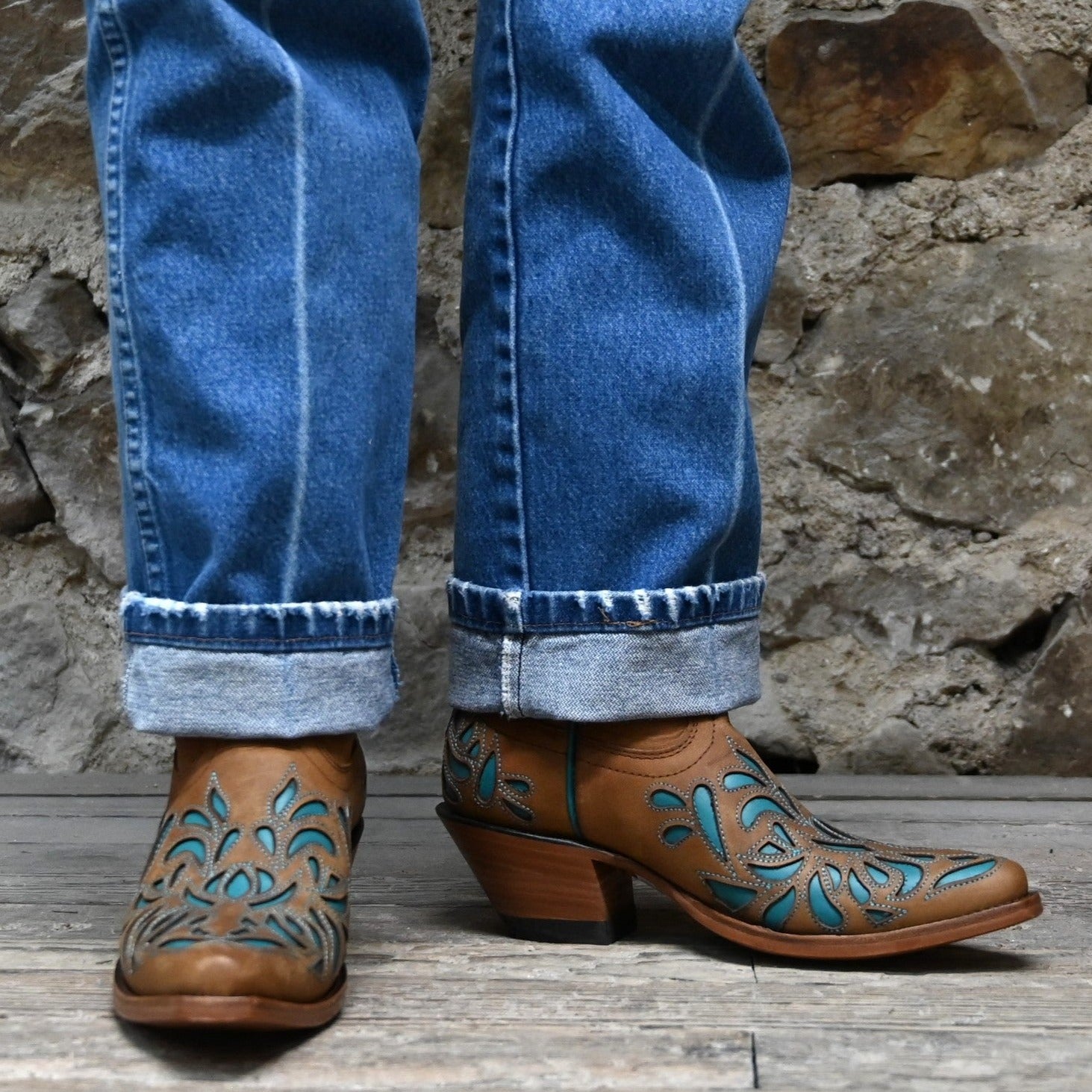 Hondo 13&quot; Brown Goat Top and Brown Goat Goat Vamp with Turquoise Inlays view of front and side on model size 7.5