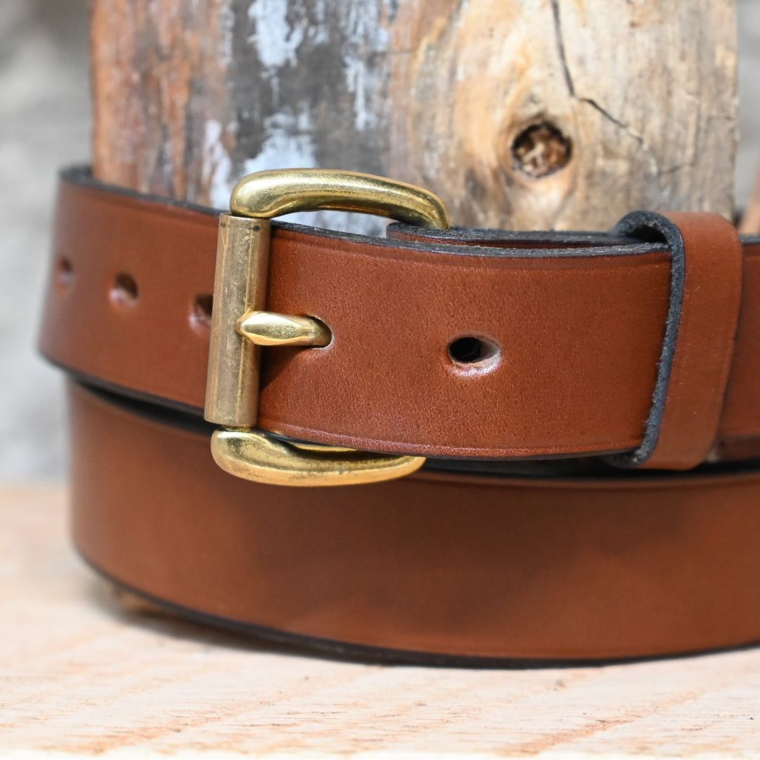 1.25&quot; Unlined Brown Belt close up view