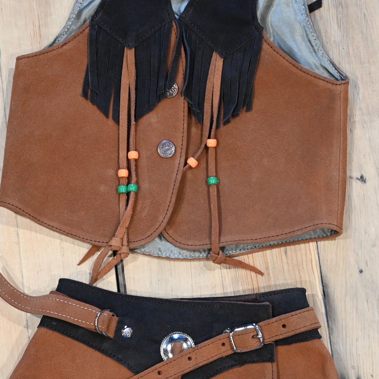 Southbay brown tan girls leather skirt and vest set genuine leather youth Western outfit