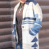 View of Pendleton shawl‑collar sweater blazer in sandshell and navy geometric pattern