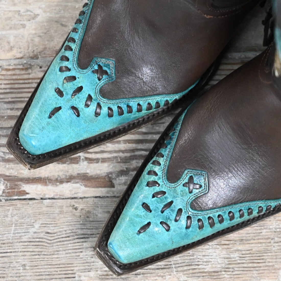 Ladies 11&quot; Leather Boots In Chocolate W/Powder Blue Toe Cap and Collar W/Buckstich and Tassel view of toe