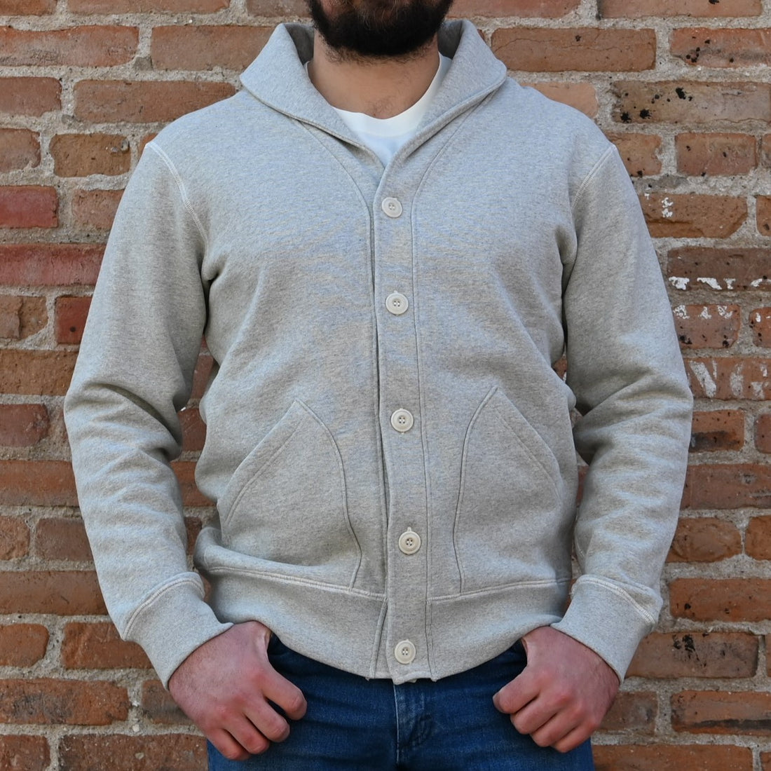 View of Blue Blanket men’s gray cotton sweater with button-up front