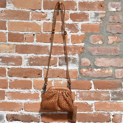 Latico Limited Edition Hayworth Crossbody Clutch style Cowhide Woven Bag in Cognac hanging view