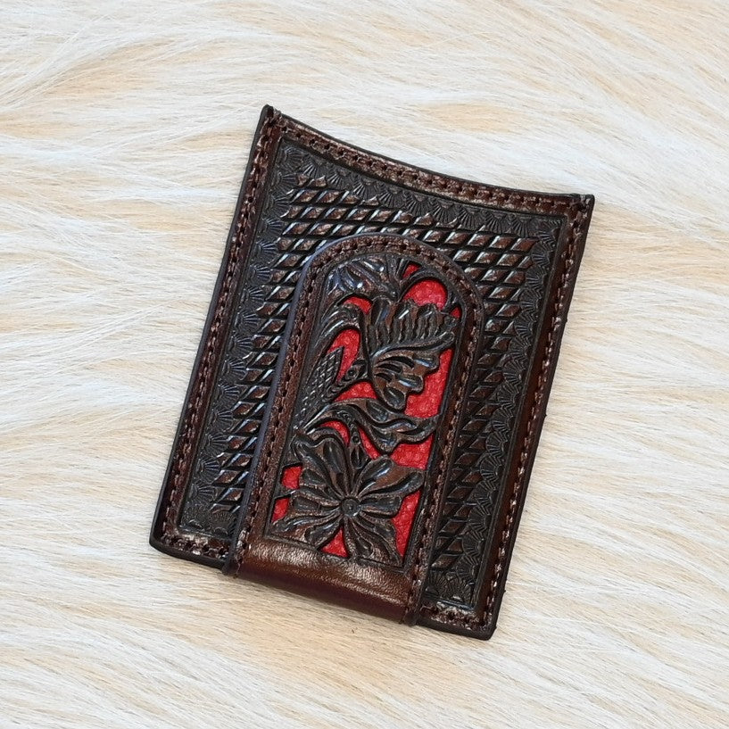 View of Front of Leather Card Case with Floral and Red Inlay with Money Clip.