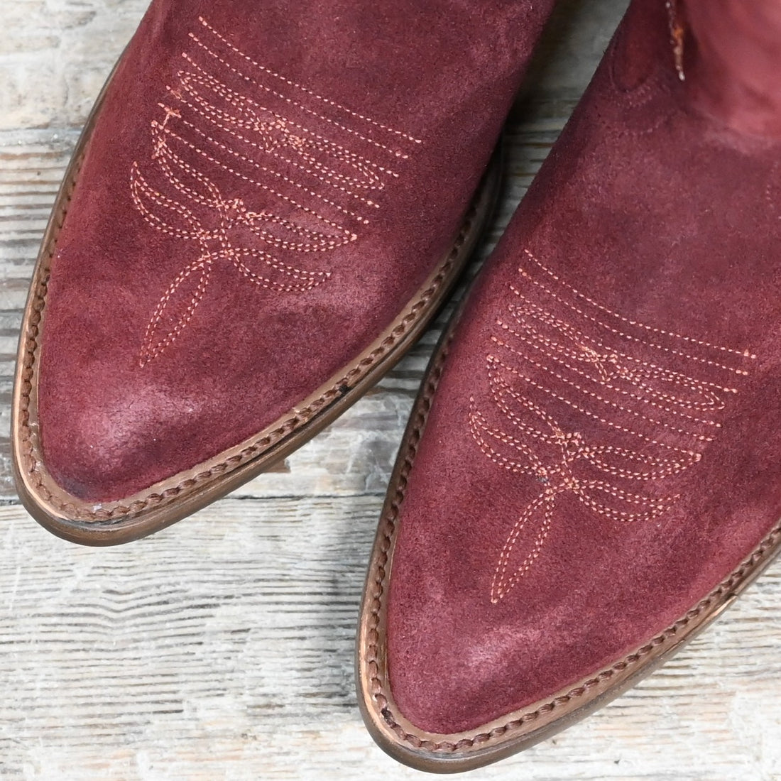 View of Macie Bean 15&quot; wine suede &quot;Cabernet Cowgirl&quot; boot with almond toe and Citygirl heel