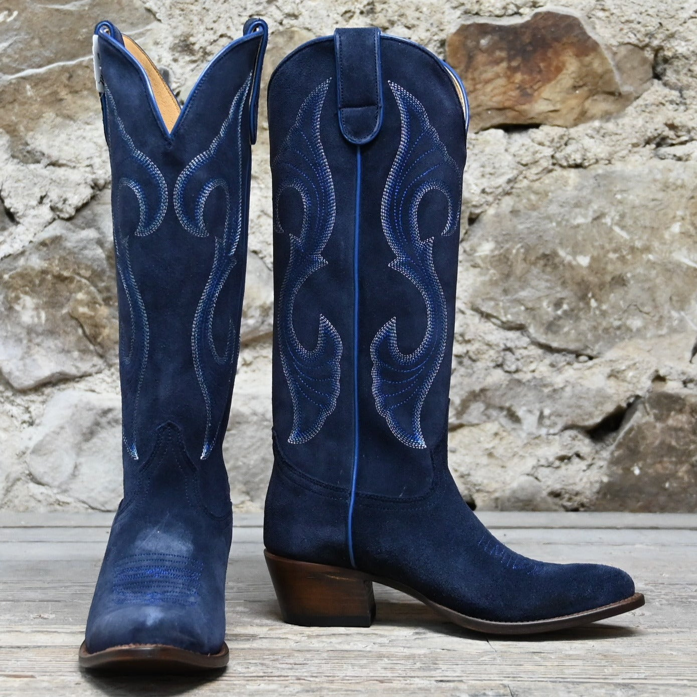 Macie Bean Midnight in Paris Boots in Marine Blue Suede view of front and side
