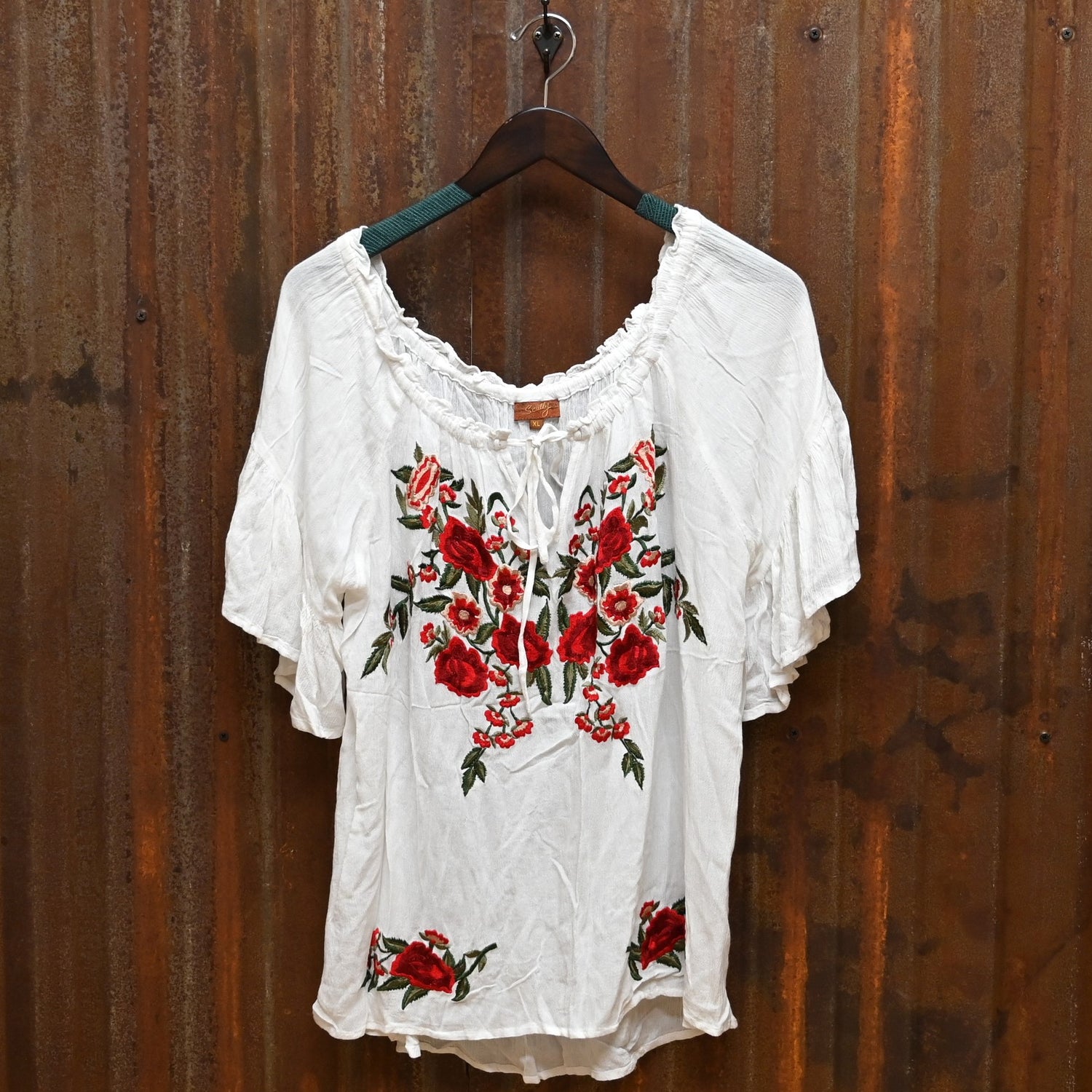 Ladies Short Sleeve Tie Front Embroidered Blouse in White view of front