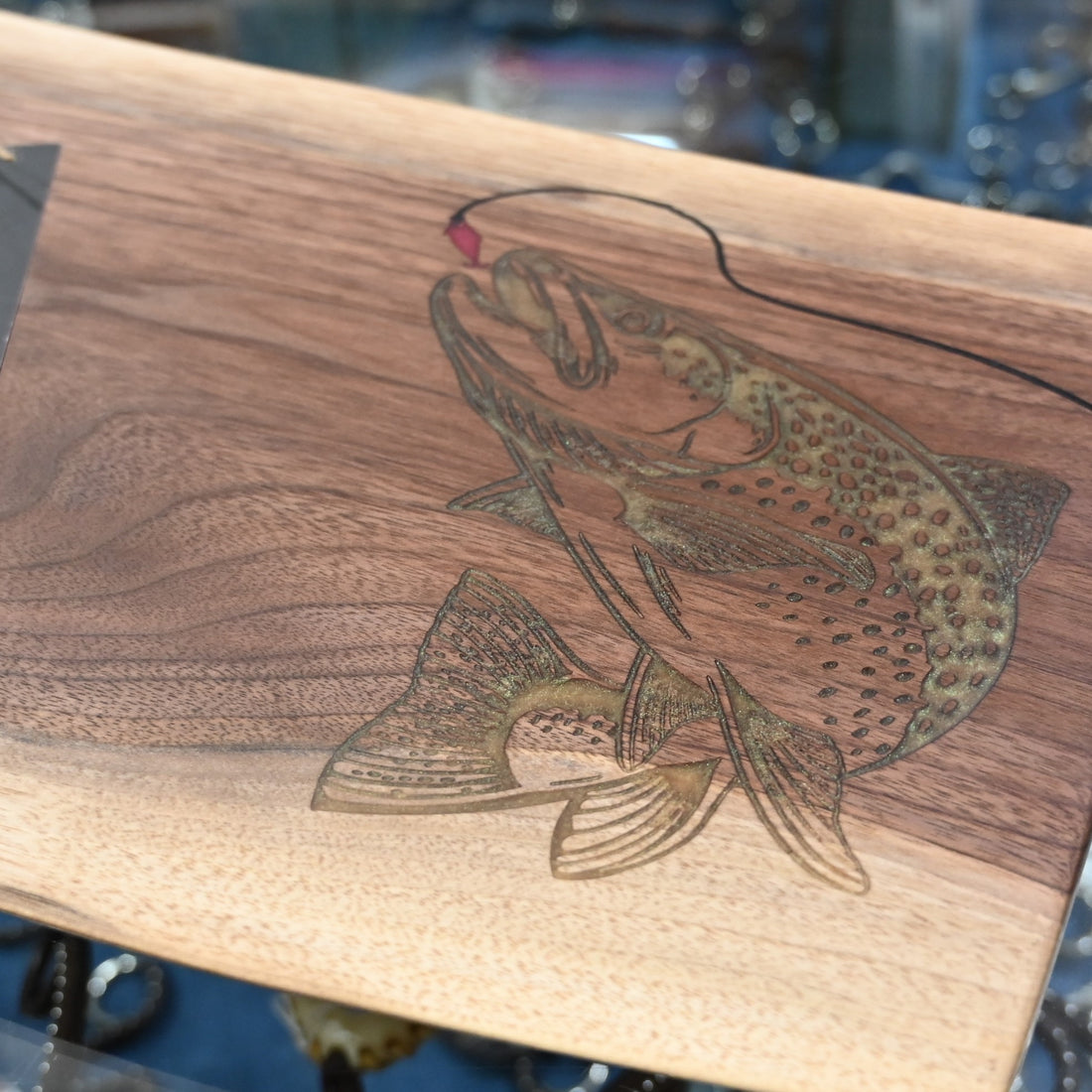 Salmon in Mystic Green Epoxy Inlay on Walnut Serving Board view of fish