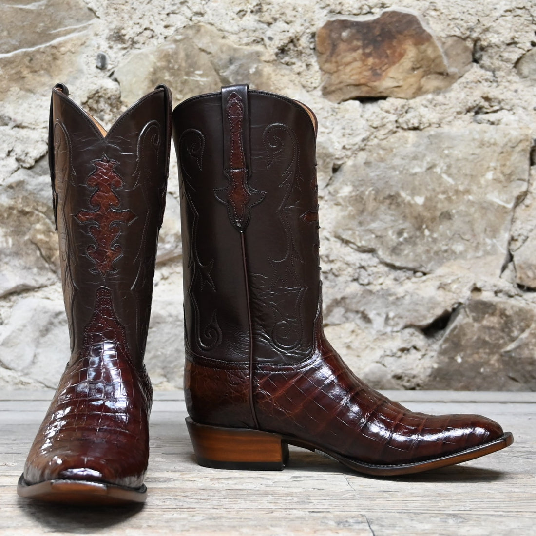 Lucchese Men’s 12-inch tall boot in pony brown buffalo leather and sienna crocodile, Western heel and premium finish