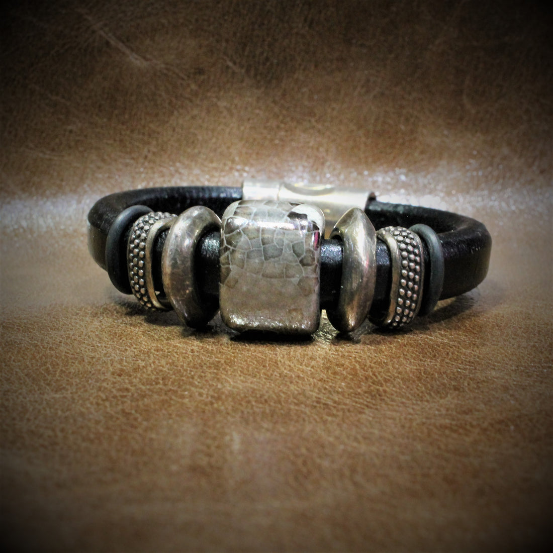 Hand Made Black Leather Bracelet in Crackle Grey W/Black Ceramic and Silver Plated Beads view of bracelet