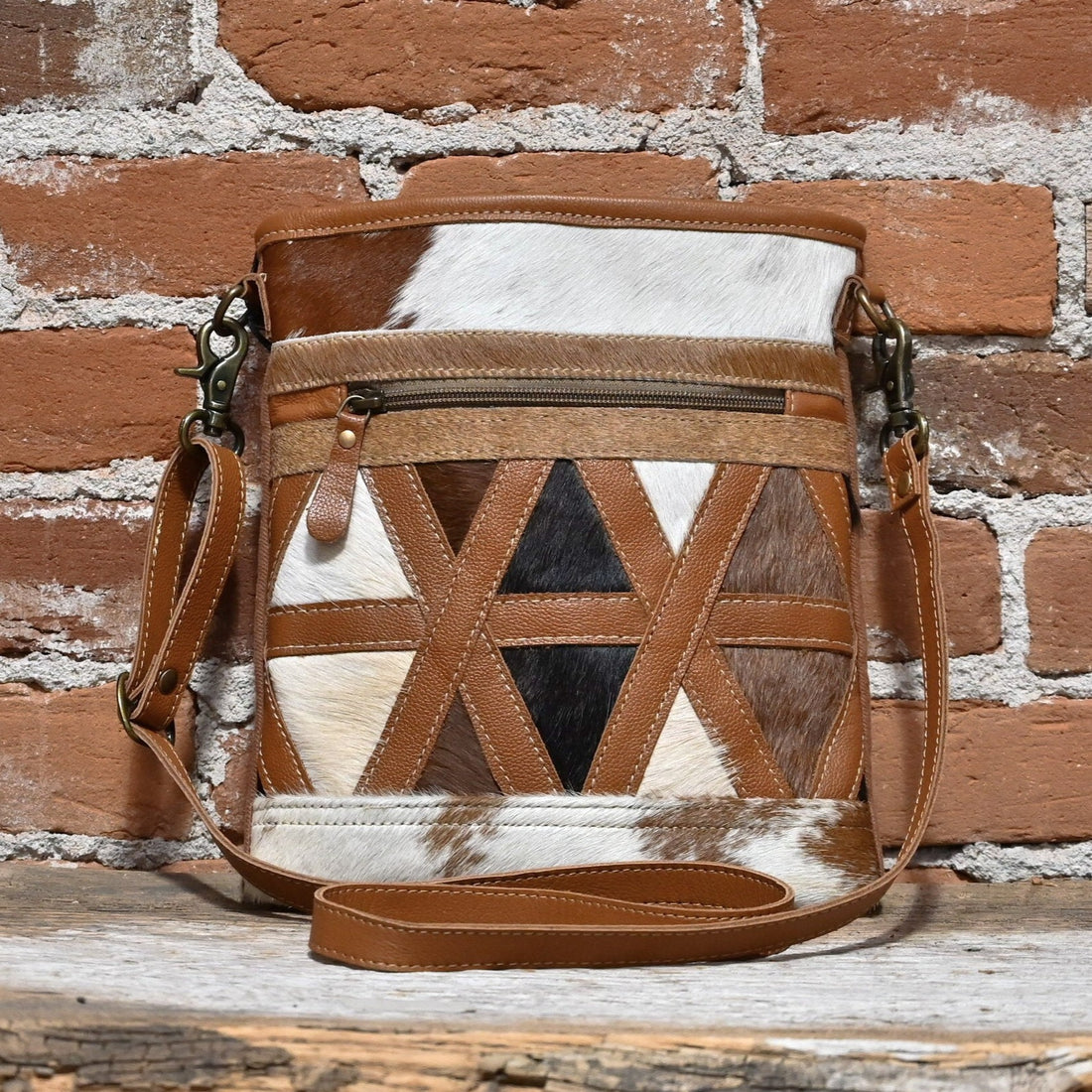 Myra Dakota Plains Hair on and Canvas Cross Body Bag with Criss Cross Accents view of front