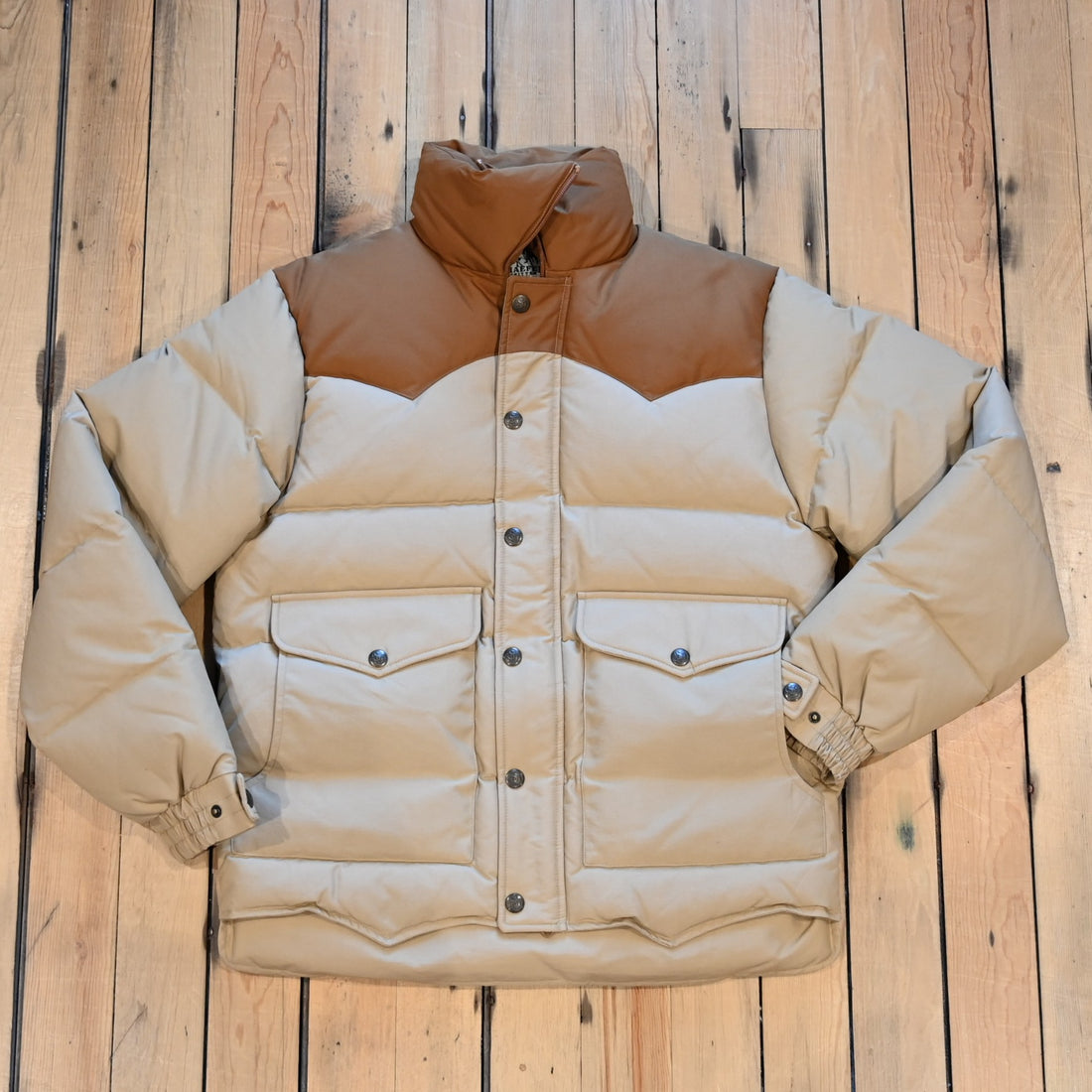 Schaefer Big Sky Down Jacket in tan with insulated puffer design and nylon shell