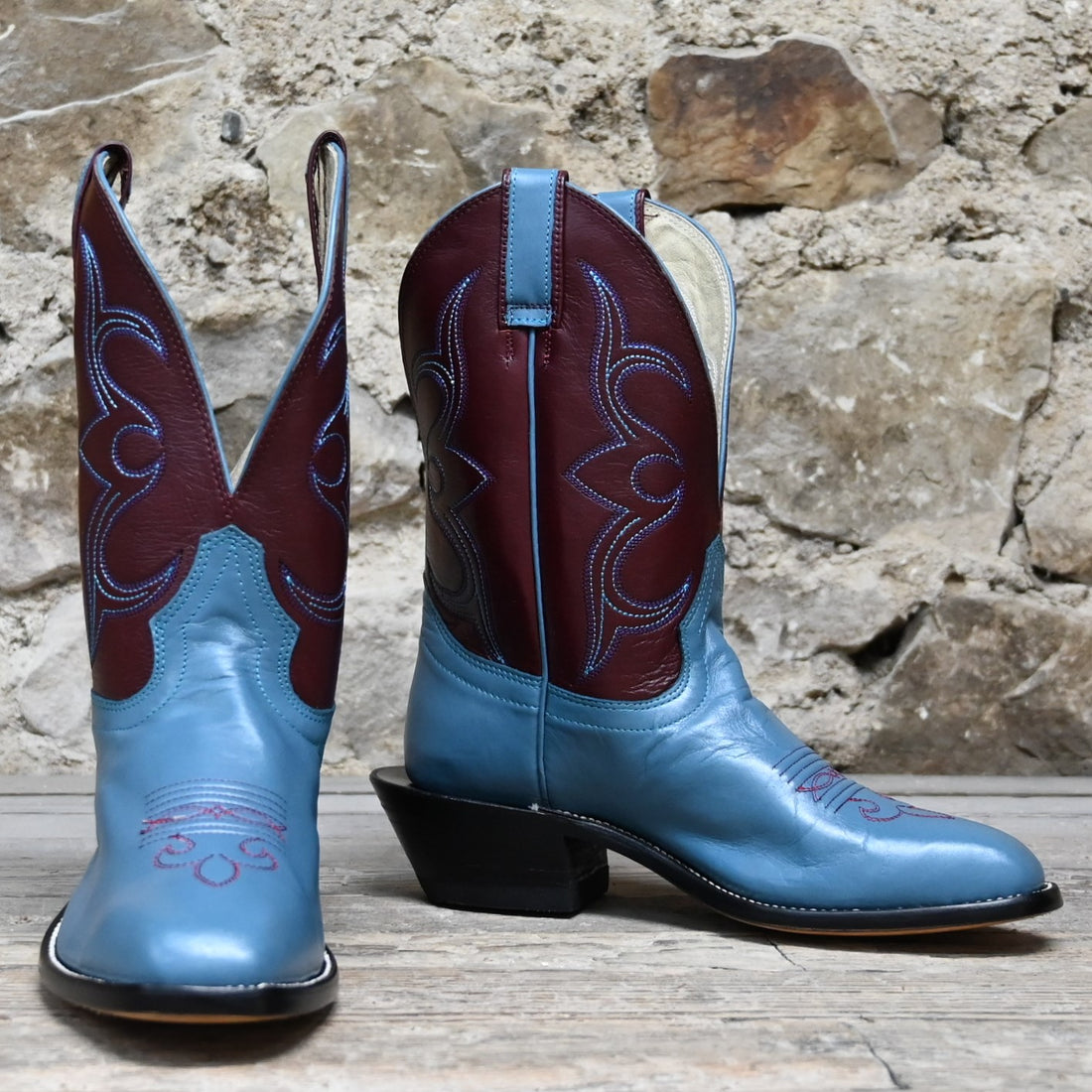 Hondo BRONC BOOT 11&quot; Burgundy Soft Cow Top with Sky Blue Soft Cow Vamp view of front and side