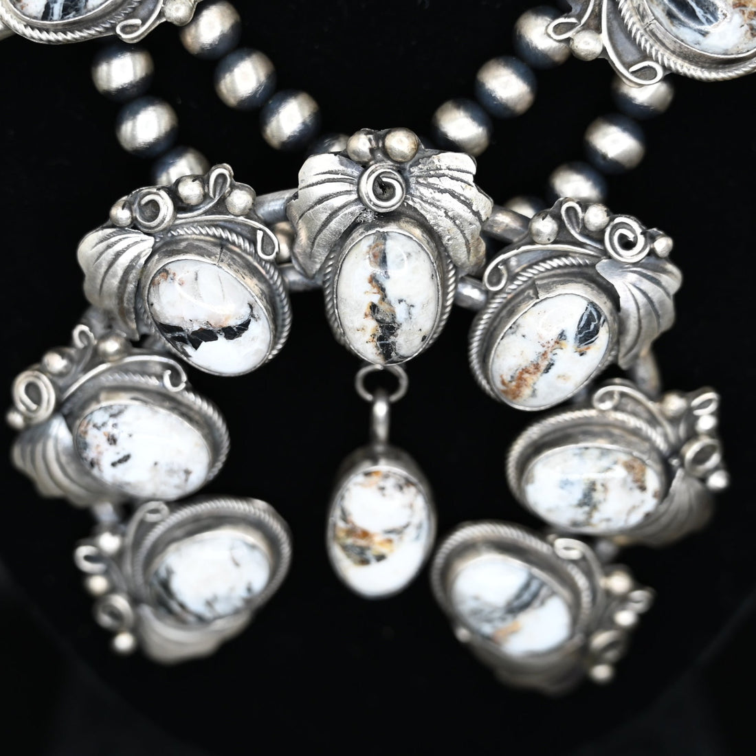 White Buffalo Squash Blossom Necklace view of detail