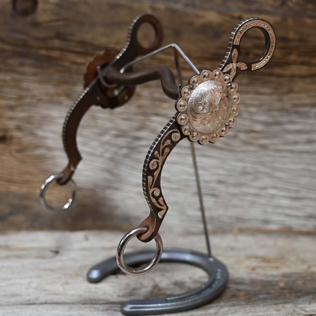 JT Silversmiths Argentine Snaffle Leaves and Concho with  Berry Edge Silver Inlay- Patina